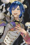  1boy :d band_uniform blue_eyes blue_hair blurry blurry_background commentary epaulettes hand_on_own_chest hands_up headphones highres kaito_(vocaloid) long_sleeves male_focus nail_polish nonono000m open_mouth project_sekai short_hair smile solo symbol-only_commentary upper_body vocaloid 