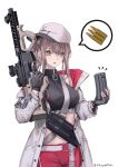  1girl :o absurdres aqua_eyes ar-57 ar-57_(girls&#039;_frontline) assault_rifle bangs black_gloves black_tank_top eye_piercing eyebrows_visible_through_hair feet_out_of_frame fingerless_gloves girls&#039;_frontline gloves grey_hair gun hair_between_eyes highres holding holding_gun holding_magazine_(weapon) holding_weapon jacket lithographica long_hair looking_down open_clothes open_jacket open_mouth ponytail red_shorts rifle shorts solo standing tank_top twitter_username weapon white_background white_headwear white_jacket 