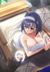  1girl absurdres blue_hair blue_ribbon bow bow_earrings breasts cleavage earrings hair_intakes highres hololive hololive_english jewelry large_breasts mofu07519 naked_towel onsen ouro_kronii ribbon ribbon_earrings short_hair solo towel virtual_youtuber 