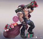  1boy abs bara bare_pectorals beard body_hair box christmas facial_hair gift gift_box highres large_pectorals long_beard male_focus mature_male muscular muscular_male nipples original pectorals santa_costume silverjow tattoo weapon 