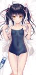  1girl ahoge ass_visible_through_thighs bangs bare_shoulders bed_sheet black_hair blue_swimsuit blush bottle brown_eyes closed_mouth collarbone collared_shirt commentary_request dakimakura_(medium) dress_shirt eyebrows_visible_through_hair feet_out_of_frame hair_ribbon hands_up highres looking_at_viewer off_shoulder open_clothes open_shirt original pink_ribbon puffy_short_sleeves puffy_sleeves pulled_by_self ribbon school_swimsuit shirt short_sleeves smile solo sousouman strap_pull swimsuit thigh_gap twintails water_bottle white_shirt 