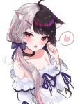  1girl animal_ear_fluff animal_ears bangs bare_shoulders blue_bow blush bow brown_collar brown_hair cat_ears collar commentary_request eyebrows_visible_through_hair fang hair_bow hair_ornament hairclip hand_up keichan_(user_afpk7473) long_hair long_sleeves looking_at_viewer multicolored_hair nijisanji off-shoulder_shirt off_shoulder open_mouth red_eyes shirt silver_hair skin_fang solo speech_bubble split-color_hair twintails virtual_youtuber white_shirt yorumi_rena 