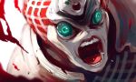  1other angry artist_name blurry blurry_foreground green_eyes highres ibuo_(ibukht1015) jojo_no_kimyou_na_bouken king_crimson_(stand) open_mouth shouting solo stand_(jojo) teeth tongue upper_body vento_aureo 