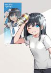  1girl :d arm_up bangs black_hair black_sailor_collar black_skirt blue_eyes blue_neckwear blush bottle breasts can commentary eyebrows_visible_through_hair grin hair_between_eyes highres holding holding_bottle holding_can kurata_rine looking_at_viewer neckerchief one_eye_closed original pleated_skirt poster_(object) sailor_collar shirt short_sleeves skirt small_breasts smile solo strong_zero translated water_bottle white_shirt 