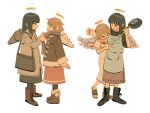  &gt;_&lt; 2girls :t =_= adjusting_another&#039;s_clothes adjusting_scarf angel_wings apron arm_at_side arms_up bag bangs beige_coat black_bag black_footwear black_hair black_legwear blunt_bangs boots brown_footwear brown_hair brown_jacket brown_scarf brown_skirt closed_eyes closed_mouth coat commentary cross-laced_footwear dress english_commentary facing_viewer feathered_wings from_side frying_pan full_body fur-trimmed_boots fur-trimmed_jacket fur-trimmed_sleeves fur_trim furrowed_brow haibane_renmei halo hand_up holding holding_frying_pan jacket leg_up legs_together long_dress long_skirt looking_at_another looking_to_the_side multiple_girls muted_color no_lineart no_nose outstretched_arm pantyhose parted_lips pocket pom_pom_(clothes) profile rakka_(haibane) red_sailor_collar reki_(haibane) sailor_collar sailor_dress sandals scarf shoelaces short_hair short_sleeves shoulder_bag sidelocks simple_background skirt standing straight_hair sweat v-shaped_eyebrows wavy_mouth white_background white_dress wildcatfourteen wings winter_clothes 