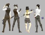  1girl 3boys arizuka_(catacombe) ass bare_shoulders barefoot black_bow black_footwear black_hair black_headwear black_pants bloodborne boots bow braid brown_footwear brown_pants cane character_request from_behind grey_hair hair_bow hammer hat highres holding holding_cane holding_hammer hunter_(bloodborne) knee_boots long_hair multiple_boys pants ponytail sheath sheathed short_hair standing top_hat tricorne weapon 