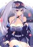  1girl azur_lane bangs bare_shoulders baseball_cap black_coat black_dress black_gloves black_headwear blurry blurry_background breasts car cleavage clothes_writing coat collarbone confetti copyright_name depth_of_field dress enterprise_(azur_lane) enterprise_(wind_catcher)_(azur_lane) eyebrows_visible_through_hair eyewear_on_headwear gloves ground_vehicle hair_between_eyes halter_dress halterneck hat highres large_breasts long_sleeves looking_at_viewer motor_vehicle open_clothes open_coat panties pantyshot parted_lips partially_fingerless_gloves pink-framed_eyewear pink-tinted_eyewear purple_eyes race_queen short_dress sidelocks silver_hair sitting smile solo sunglasses t@ke-g thighhighs tinted_eyewear underwear white_panties 