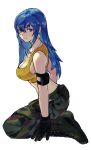  1girl alternate_hairstyle arm_pouch armlet bare_shoulders black_gloves blue_eyes blue_hair breasts camouflage cargo_pants dog_tags earrings gloves hair_down highres jewelry leona_heidern looking_at_viewer oni_gini pants pouch simple_background solo tank_top the_king_of_fighters the_king_of_fighters_xiv the_king_of_fighters_xv triangle_earrings yellow_tank_top 