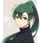  1girl bangs black_sweater earrings fire_emblem fire_emblem:_the_blazing_blade green_eyes green_hair jewelry long_hair looking_at_viewer lyn_(fire_emblem) ponytail smile sweater taiga_kazame turtleneck turtleneck_sweater 