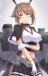  1girl breasts brown_hair chain cleavage closed_mouth cowboy_shot eyebrows_visible_through_hair gloves green_eyes hair_between_eyes headgear highres kantai_collection large_breasts machinery miniskirt monoku mutsu_(kancolle) pleated_skirt remodel_(kantai_collection) rigging short_hair short_sleeves skirt smile solo white_gloves white_skirt 
