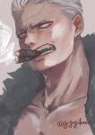  1boy absurdres cigar fur-trimmed_jacket fur_trim grgrgrteeen hair_slicked_back highres jacket male_focus one_piece open_clothes open_jacket red_eyes scar scar_on_face smoker_(one_piece) smoking solo twitter_username white_hair 