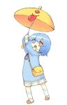  1girl alternate_costume arms_up bag bangs blue_eyes blue_hair blue_shirt commentary_request eggplant heterochromia holding holding_umbrella karakasa_obake kindergarten_uniform long_sleeves looking_at_viewer name_tag open_mouth pleated_skirt red_eyes shirt shoes shoulder_bag simple_background skirt socks solo tatara_kogasa touhou umbrella white_background white_legwear white_skirt yellow_bag yellow_umbrella younger yunuki_uta 