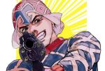  1boy aiming_at_viewer black_eyes grin guido_mista gun handgun hat holding holding_gun holding_weapon jojo_no_kimyou_na_bouken long_sleeves male_focus patterned_clothing pistol smile solo sunburst tentarou vento_aureo weapon 