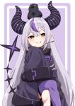  1girl absurdres black_horns clenched_teeth crossed_legs crow_(la+_darknesss) eyebrows_visible_through_hair fuusuke_(fusuke208) grey_hair highres hololive horns la+_darknesss long_hair long_sleeves looking_at_viewer multicolored_hair pointy_ears purple_hair purple_legwear single_thighhigh sitting sleeves_past_fingers sleeves_past_wrists smile streaked_hair teeth thighhighs very_long_hair virtual_youtuber yellow_eyes 