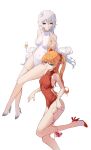  2girls absurdres adapted_costume alcohol ayanami_rei bangs blue_eyes breasts covered_navel crossed_bangs crossed_legs cup drinking_glass earrings evangelion:_3.0+1.0_thrice_upon_a_time feet_out_of_frame grey_footwear halterneck high_heels highres holding holding_cup honeycomb_(pattern) interface_headset invisible_chair jewelry lic_628 long_hair looking_at_viewer multiple_girls neon_genesis_evangelion one-piece_swimsuit pouring rebuild_of_evangelion red_eyes red_footwear red_ribbon red_swimsuit ribbon sideboob simple_background sitting souryuu_asuka_langley stiletto_heels swimsuit thigh_strap two_side_up very_long_hair wet white_background white_hair white_swimsuit wine wine_glass 