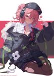  1girl ahoge beret blush bra breasts cleavage commission damaged dirty dirty_clothes fur_trim girls&#039;_frontline gun h&amp;k_mp7 hat headset hood jacket medium_breasts medium_hair mp7_(girls&#039;_frontline) off_shoulder orange_eyes pleated_skirt red_eyes skeb_commission skirt solo submachine_gun suppressor torn_clothes torn_legwear underwear weapon zoruboi 