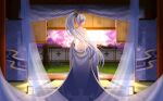  1girl absurdres ass bangs blue_eyes blunt_bangs cherry_blossoms curtains day eyebrows_visible_through_hair floating_hair from_behind genshin_impact hair_ribbon highres kamisato_ayaka long_hair lwisr nude ponytail profile red_ribbon ribbon shiny shiny_hair silver_hair solo standing very_long_hair 