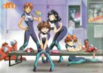 1990s_(style) 4girls absurdres aqua_eyes bangs bench bent_over between_legs black_hair blue_eyes blurry blurry_background bodysuit brown_hair copyright_name drink freckles ginko_(metal_fighter_miku) green_eyes grin hand_between_legs hand_on_another&#039;s_shoulder hand_on_hip highres holding holding_drink indoors knees_together_feet_apart looking_at_viewer medium_hair metal_fighter_miku miku_(metal_fighter_miku) multiple_girls nana_(metal_fighter_miku) official_art one_eye_closed open_mouth orange_hair red_hair retro_artstyle sayaka_(metal_fighter_miku) scan short_hair sitting smile standing towel towel_around_neck v 