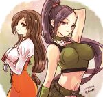  2girls bodysuit breasts brown_eyes brown_hair choker closed_mouth crossover dragon_quest dragon_quest_xi final_fantasy final_fantasy_ix garnet_til_alexandros_xvii gloves jewelry long_hair looking_at_viewer low-tied_long_hair martina_(dq11) multiple_girls navel necklace orange_bodysuit peso_kongari ponytail purple_eyes purple_hair very_long_hair 