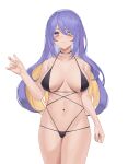  1girl absurdres bangs bare_shoulders bikini black_bikini blonde_hair breasts closed_mouth gradient_hair highres hololive jmao large_breasts long_hair looking_at_viewer moona_hoshinova multicolored_hair navel purple_eyes purple_hair solo swimsuit two-tone_hair virtual_youtuber white_background 