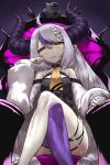  1girl ahoge ascot bird crossed_legs crow_(la+_darknesss) demon_girl demon_horns haraya_manawari head_rest highres hololive horns la+_darknesss long_hair looking_at_viewer multicolored_hair pointy_ears purple_hair purple_legwear silver_hair single_thighhigh sitting solo streaked_hair striped_horns thighhighs throne virtual_youtuber wide_sleeves yellow_ascot yellow_eyes 