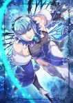  1boy absurdres blue_background blue_hair blue_lips brooch eyeshadow fairy_ranmaru:anata_no_kokoro_otasuke_shimasu gloves hair_ornament highres holding holding_weapon ikenie18 jewelry looking_at_viewer makeup male_focus mole mole_under_eye pointy_ears purple_eyes seiren_uruu short_hair sidelocks solo thighhighs weapon white_gloves white_legwear wings 