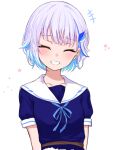  +++ 1girl bangs blue_hair blue_ribbon blue_shirt blush closed_eyes commentary_request eyebrows_visible_through_hair facing_viewer grin hair_ornament keichan_(user_afpk7473) lize_helesta neck_ribbon nijisanji ribbon sailor_collar shirt short_hair simple_background smile solo star_(symbol) twintails virtual_youtuber white_background white_sailor_collar 