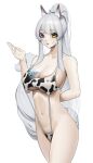  1girl absurdres animal_ears animal_print bangs blue_eyes breast_tattoo breasts cleavage cow_print cowboy_shot eyebrows_visible_through_hair grey_hair hand_up heterochromia highres large_breasts long_hair navel norunollu one-piece_swimsuit original print_swimsuit skindentation solo swimsuit tail tattoo very_long_hair yellow_eyes 