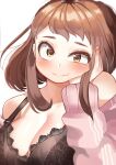  1girl absurdres alternate_costume black_bra blurry blurry_foreground blush boku_no_hero_academia bra breasts brown_eyes brown_hair cardigan cleavage commentary hand_on_own_cheek hand_on_own_face head_rest highres lace-trimmed_bra lace_trim looking_at_viewer medium_breasts open_cardigan open_clothes pink_sweater short_eyebrows short_hair sidelocks simple_background solo sweater underwear upper_body uraraka_ochako white_background zd_(pixiv6210083) 