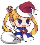  1girl :d bishoujo_senshi_sailor_moon blonde_hair blue_capelet blue_coat blue_eyes blush_stickers capelet christmas coat commentary english_commentary fur-trimmed_capelet fur_trim hat holding holding_sack long_hair long_sleeves lowres meme open_mouth padoru_(meme) red_headwear sack sailor_moon santa_hat simple_background smile solo standing tifa_amakura tongue tsukino_usagi twintails twitter_username white_background 