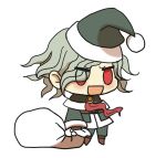  1boy :d alternate_costume bangs blush brown_footwear chibi christmas edmond_dantes_(fate) fate/grand_order fate_(series) fur-trimmed_jacket fur_trim gift_bag green_headwear grey_hair hat highres holding holding_sack jacket kkeiixxx long_sleeves male_focus meme neckerchief no_pupils padoru_(meme) parted_bangs red_eyes red_headwear sack santa_costume santa_hat smile solo white_background 