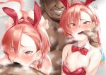  1boy 1girl ahoge animal_ears bangs blue_archive blush braid breasts fake_animal_ears fellatio hetero highres leotard looking_at_viewer male_pubic_hair mm_(yoromu) multiple_views neru_(blue_archive) nipples oral orange_hair penis playboy_bunny pubic_hair rabbit_ears red_eyes red_leotard short_hair side_braid small_breasts tag 