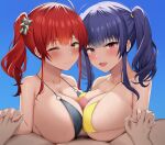  1boy 2girls :d ;) absurdres ahoge ariatorai azur_lane bangs bikini black_bikini blue_hair blush breast_press breasts censored clothed_female_nude_male eyebrows_visible_through_hair from_side group_sex hetero highres holding_hands large_breasts looking_at_viewer male_pubic_hair micro_bikini mosaic_censoring multiple_girls multiple_paizuri nude o-ring o-ring_bikini one_eye_closed open_mouth orange_eyes paizuri penis pink_eyes pola_(azur_lane) pov pov_crotch pubic_hair red_hair side_ponytail sidelocks skindentation smile strap_gap sweat swimsuit threesome twintails upper_body yellow_bikini zara_(azur_lane) 