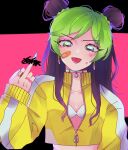  1girl absurdres aqua_nails bandaid bandaid_on_face black_hair bra breasts censored cleavage cropped_jacket double_bun dyed_bangs earrings eyebrows_visible_through_hair green_hair highres jacket jewelry jojo_no_kimyou_na_bouken kujo_jolyne long_hair looking_at_viewer middle_finger multicolored_hair nanohananobon partially_unzipped pink_background pointless_censoring ring shadow solo star_(symbol) stone_ocean tongue tongue_out two-tone_hair underwear upper_body white_bra yellow_jacket zipper zipper_pull_tab 