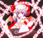  1girl bangs bat_wings card card_deck chain dress eyebrows_visible_through_hair fang fingernails hand_on_own_chin hat holding holding_card light_purple_hair long_fingernails looking_at_viewer mob_cap parted_lips pink_dress pov puffy_short_sleeves puffy_sleeves purple_hair red_eyes remilia_scarlet sharp_fingernails short_sleeves smile solo spell_card ta_299 touhou wings wrist_cuffs 