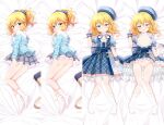  1girl :d ass ayase_midori bangs bar_censor beret blonde_hair blue_bow blue_cardigan blue_headwear blue_jacket blue_skirt blush bow breasts breasts_outside cardigan censored closed_mouth commentary_request dakimakura_(medium) eyebrows_visible_through_hair frilled_skirt frills green_eyes grey_skirt hair_between_eyes hair_bow half-closed_eyes hat idolmaster idolmaster_cinderella_girls jacket layered_skirt long_hair lying multiple_views nipples on_back on_side plaid plaid_bow plaid_skirt pleated_skirt ponytail puffy_short_sleeves puffy_sleeves pussy sakurai_momoka shirt short_sleeves skirt small_breasts smile white_shirt wrist_cuffs 