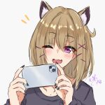  1girl animal_ears arknights bangs blush brown_hair cellphone fang highres maiq06 nail_polish one_eye_closed phone purple_eyes short_hair simple_background skin_fang smartphone solo taking_picture utage_(arknights) white_background 