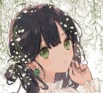  1girl bangs black_hair brown_nails close-up face flower folded_hair frilled_sleeves frills green_eyes half_updo hand_up horiizumi_inko lace long_hair long_sleeves looking_at_viewer looking_to_the_side multicolored_nails nail_polish original plant solo upper_body white_background white_flower white_nails 