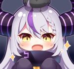  1girl :d ahoge animal animal_on_head bangs bird bird_on_head blush braid chibi commentary_request crow crow_(la+_darknesss) demon_horns eyebrows_visible_through_hair fangs grey_hair hair_between_eyes hands_up hololive horns la+_darknesss long_sleeves looking_at_viewer multicolored_hair on_head portrait purple_hair sleeves_past_fingers sleeves_past_wrists smile solo sparkle streaked_hair v-shaped_eyebrows virtual_youtuber yellow_eyes yukiyuki_441 