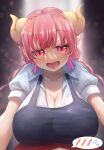  1girl absurdres apron black_apron blue_shirt blush breasts check_commentary cleavage commentary_request dragon_girl dragon_horns gradient gradient_background highres horns ilulu_(maidragon) kobayashi-san_chi_no_maidragon large_breasts multicolored_hair on_person onion_(kumagaioyr) oppai_loli pink_eyes pink_hair pointy_ears purple_hair red_shirt shirt slit_pupils two-tone_hair yellow_horns 