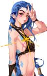  1girl arcane:_league_of_legends arm_tattoo arm_up blue_hair braid breasts cloud_tattoo cowboy_shot halterneck highres jinx_(league_of_legends) league_of_legends long_hair looking_at_viewer mamimi_(mamamimi) midriff nail_polish navel nipple_slip nipples no_bra paint_splatter paint_stains parted_lips pink_nails red_eyes shoulder_tattoo sideboob simple_background single_vambrace small_breasts solo standing stomach_tattoo tattoo twin_braids v vambraces very_long_hair white_background wristband 