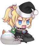  1girl :d black_coat black_headwear blonde_hair blue_eyes bowsette capelet chibi christmas coat commentary crown fangs fur-trimmed_capelet fur_trim hat holding holding_sack long_sleeves lowres mario_(series) meme new_super_mario_bros._u_deluxe open_mouth padoru_(meme) sack santa_hat simple_background smile solo standing super_crown tifa_amakura tongue twitter_username white_background 