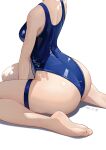  1girl absurdres ass barefoot blue_swimsuit breasts competition_swimsuit from_behind gk_guoke head_out_of_frame highres medium_breasts one-piece_swimsuit original simple_background sitting skindentation soles solo swimsuit thigh_strap wariza white_background 