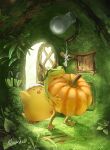  artist_name bird chick food frog gourd hachiya_shohei highres holding holding_food indoors light_bulb moss no_humans open_door original standing umbrella 