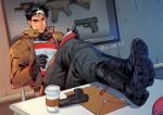  1boy ar-15 batman_(series) black_gloves black_hair black_pants black_shirt blue_eyes book boots brown_jacket closed_mouth coffee_cup crossed_legs cup dc_comics disposable_cup gloves gun h&amp;k_usp handgun holding holding_book jacket jason_todd male_focus multicolored_hair open_clothes open_jacket pants pistol reading red_hood_(dc) redrico rifle shirt short_hair solo streaked_hair two-tone_hair weapon white_hair 