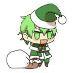  1boy :d alternate_costume blush brown_footwear chibi christmas david_(fate) fate/grand_order fate_(series) fur-trimmed_jacket fur_trim gift_bag green_eyes green_hair green_headwear green_jacket hat highres holding holding_sack jacket kkeiixxx long_sleeves male_focus meme no_pupils padoru_(meme) red_headwear sack santa_costume santa_hat smile solo white_background 