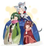  3girls :t absurdres animal_ears bangs beads blue_kimono blunt_bangs blush brown_hair closed_eyes commentary crossed_arms dark_green_hair earmuffs fur-trimmed_kimono fur_trim gloves green_gloves green_jacket grey_hair hair_beads hair_ornament hairband hand_on_another&#039;s_cheek hand_on_another&#039;s_face headgear highres jacket japanese_clothes kimono long_hair looking_at_another looking_up multiple_girls obi open_mouth pea_pod pink_jacket pink_scarf pom_pom_(clothes) ponytail pout red_eyes red_shawl sash scarf shiny shiny_hair short_hair siblings sidelocks sisters smile touhoku_itako touhoku_kiritan touhoku_zunko upper_body voiceroid white_background white_kimono wide_sleeves wolf_ears yakata_tata yellow_eyes 