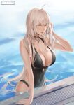  1girl ahoge arm_up bangs bare_arms bare_shoulders black_choker black_swimsuit breasts casual_one-piece_swimsuit choker cleavage closed_mouth collarbone commentary covered_navel drying drying_hair ear_piercing eyebrows_visible_through_hair fate/grand_order fate_(series) highres jeanne_d&#039;arc_(alter)_(fate) jeanne_d&#039;arc_(fate) jewelry large_breasts lipstick long_hair makeup necklace one-piece_swimsuit partially_submerged piercing pixiv_id pool revision rifu_(643763873) silver_hair solo swimsuit towel towel_around_neck water yellow_eyes 