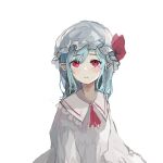  1girl ascot bangs blue_hair commentary hat hat_ribbon long_hair long_sleeves looking_at_viewer mob_cap pointy_ears red_ascot red_eyes red_ribbon remilia_scarlet ribbon sate_usazirou shirt simple_background solo touhou upper_body white_background white_headwear white_shirt 