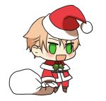  1boy :d alternate_costume blush brown_footwear chibi christmas fate/grand_order fate_(series) fur-trimmed_jacket fur_trim gift_bag green_eyes hat highres holding holding_sack jacket jekyll_and_hyde_(fate) kkeiixxx light_brown_hair long_sleeves male_focus meme no_pupils padoru_(meme) pants red_headwear red_jacket red_pants sack santa_costume santa_hat smile solo white_background 